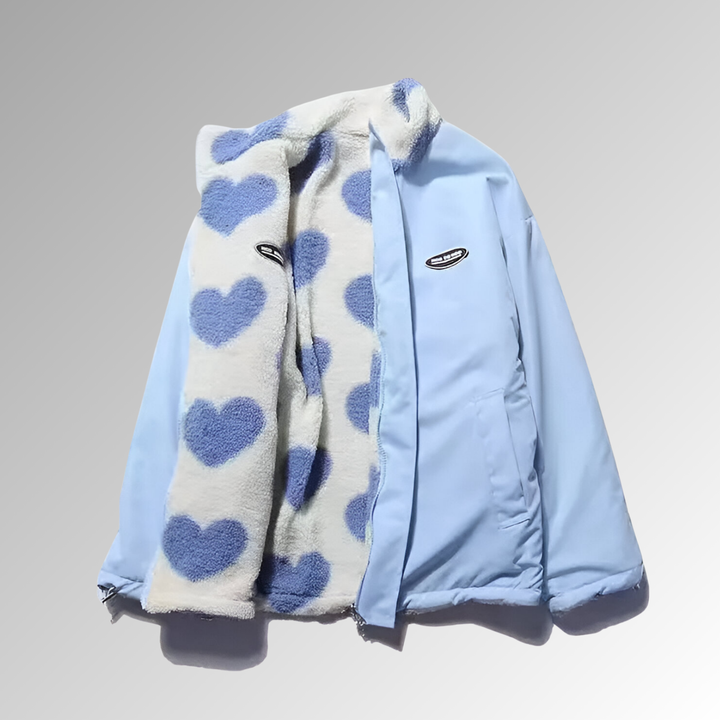 Cœuraline – Manteau d’Hiver Femme en Peluche Double Face à Motifs Cœur