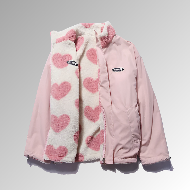Cœuraline – Manteau d’Hiver Femme en Peluche Double Face à Motifs Cœur