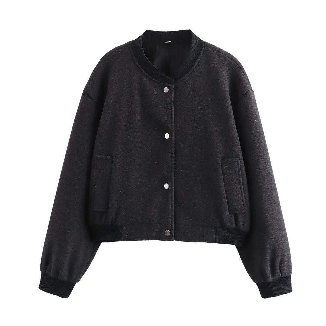 Blouson Bomber Court Femme À Boutons Pression Coupe Moderne Casual