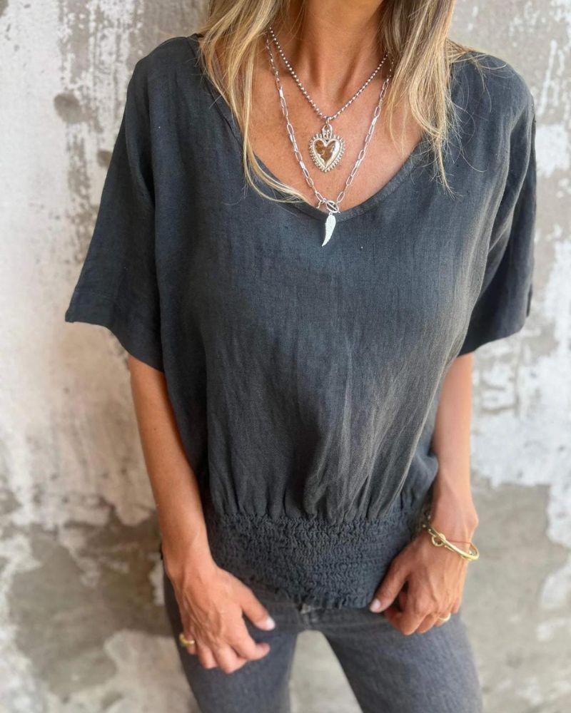 Véloria – T-shirt Confort Femme à Taille Cintrée et Décolleté en V