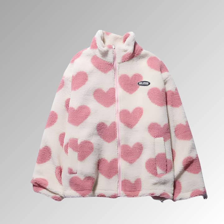 Cœuraline – Manteau d’Hiver Femme en Peluche Double Face à Motifs Cœur