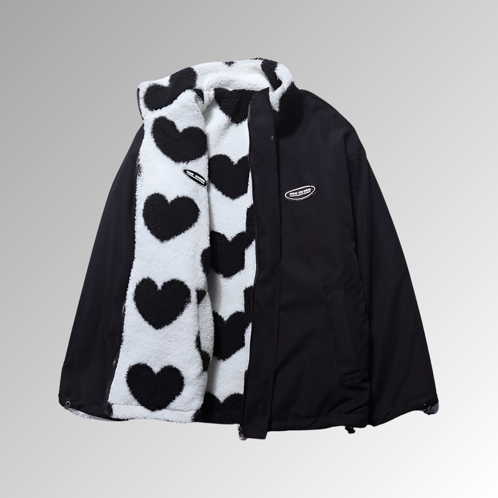 Cœuraline – Manteau d’Hiver Femme en Peluche Double Face à Motifs Cœur