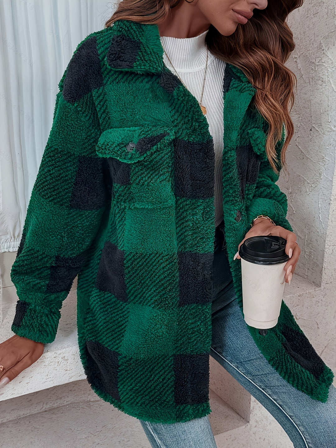 Carélune – Veste d’Hiver en Peluche à Carreaux Chaude et Confortable