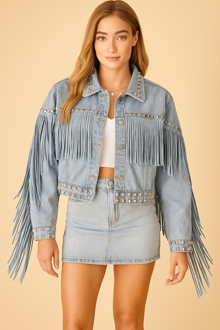 Bellétoile – Veste Denim Femme à Franges et Clous