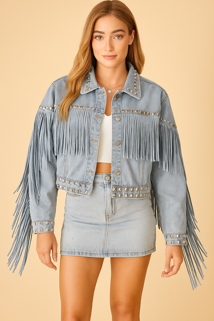 Bellétoile – Veste Denim Femme à Franges et Clous