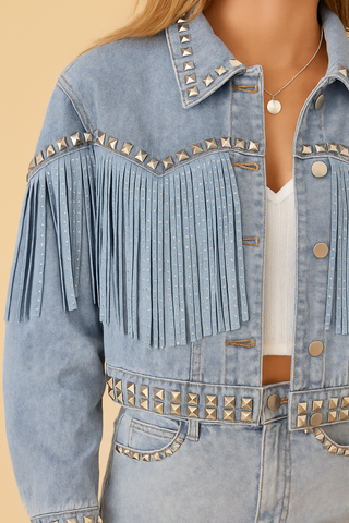 Bellétoile – Veste Denim Femme à Franges et Clous