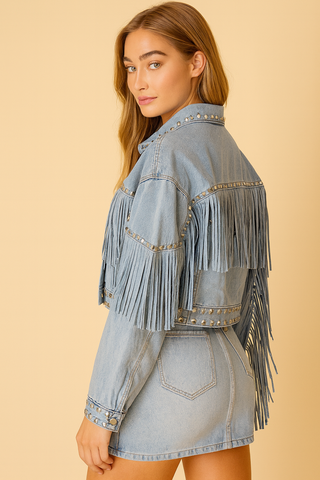 Bellétoile – Veste Denim Femme à Franges et Clous