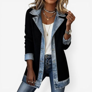 Dénimelle – Veste Femme Effet Superposé Maille et Denim Style Moderne
