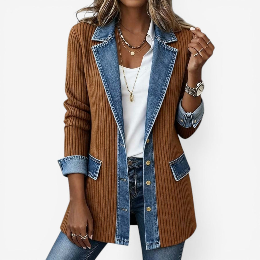 Dénimelle – Veste Femme Effet Superposé Maille et Denim Style Moderne
