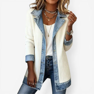 Dénimelle – Veste Femme Effet Superposé Maille et Denim Style Moderne