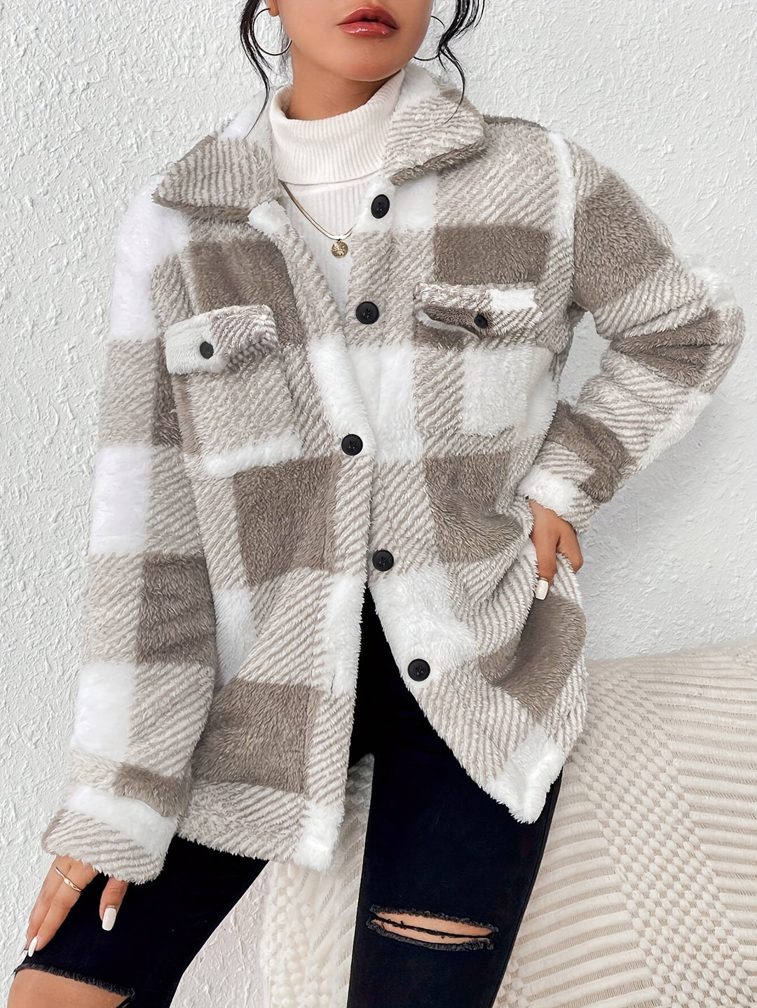Carélune – Veste d’Hiver en Peluche à Carreaux Chaude et Confortable