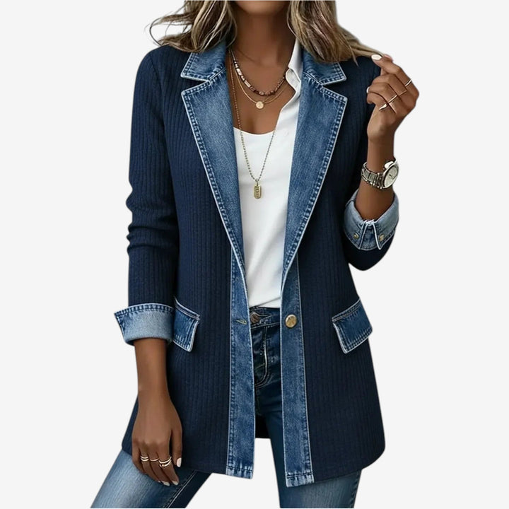 Dénimelle – Veste Femme Effet Superposé Maille et Denim Style Moderne