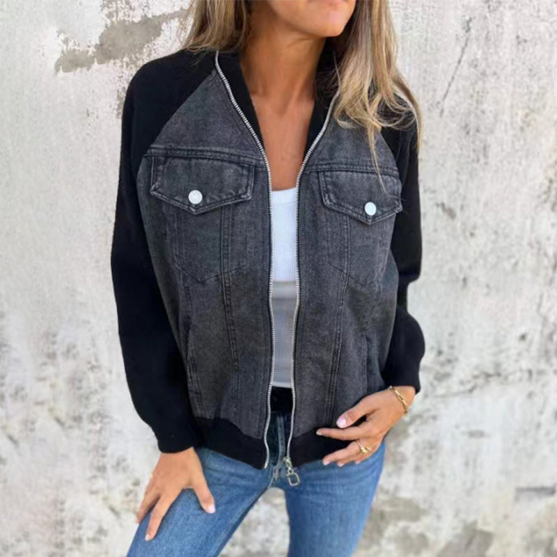 Lysévora – Veste Femme Style Denim Zippée Patchwork