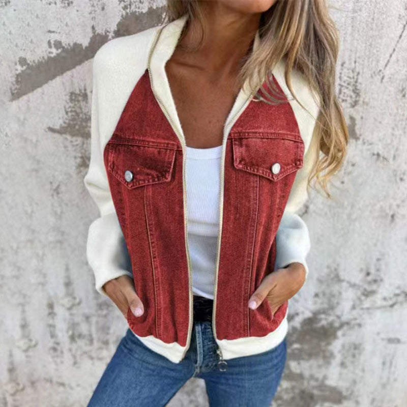 Lysévora – Veste Femme Style Denim Zippée Patchwork