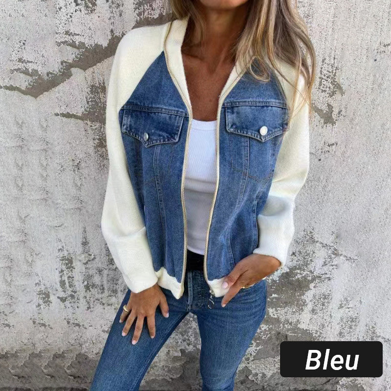 Lysévora – Veste Femme Style Denim Zippée Patchwork