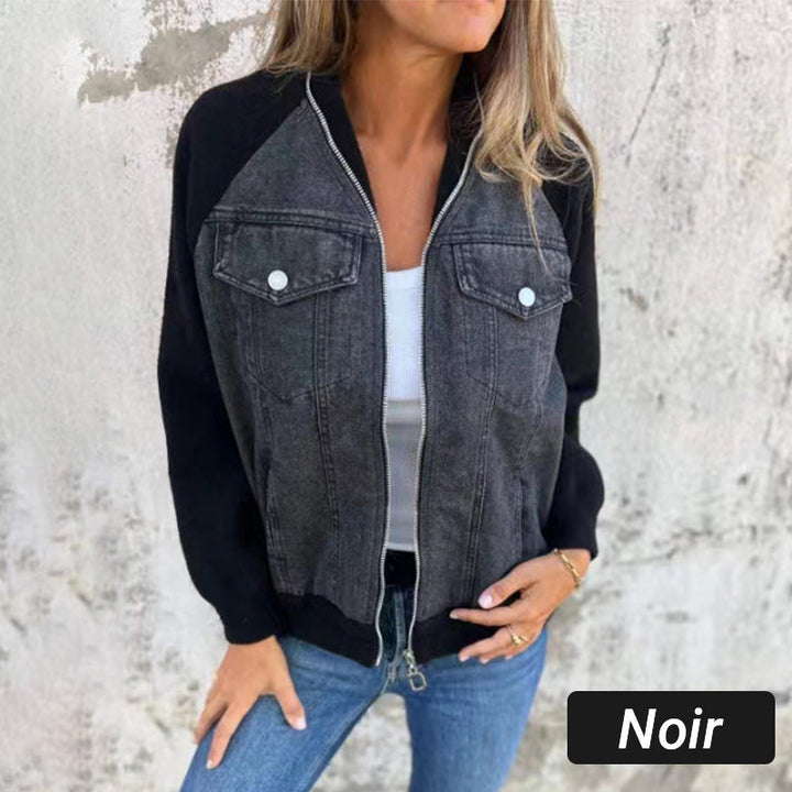Lysévora – Veste Femme Style Denim Zippée Patchwork